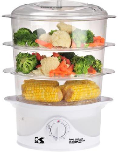 Kalorik DG 33761 3-Tier Food Steamer, Cook healthy meals quickly and easily, 9-quart total capacity, 3 tiers and rice cooker tray included, Food containers stack inside each other for convenient storage, Food containers with convenient carrying handles, 60-minute timer with auto-off function, See-through water tank, Easy refill during cooking with water inlets on both sides, Dimensions: 11.25 x 7.5 x 9.5, UPC 848052000179 (DG33761 DG 33761)